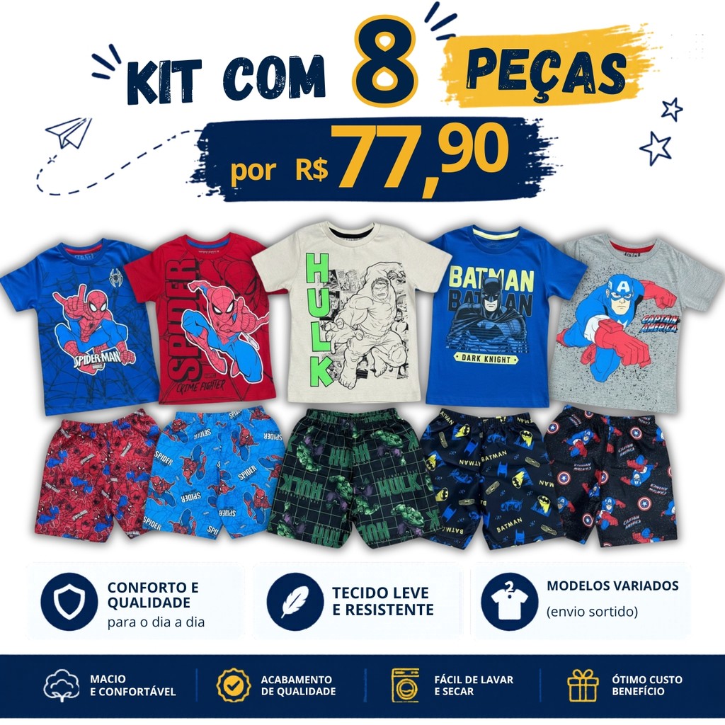 Kit 8 Peças Roupa Menino Infantil Personagens Verão Conjunto Masculino Calor Batman Aranha 1 ao 10