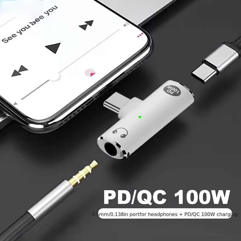 Adaptador de áudio dois em um tipo C para entrada de fone de ouvido de 3.5 mm PD100W Conversor de áudio de fone de ouvid
