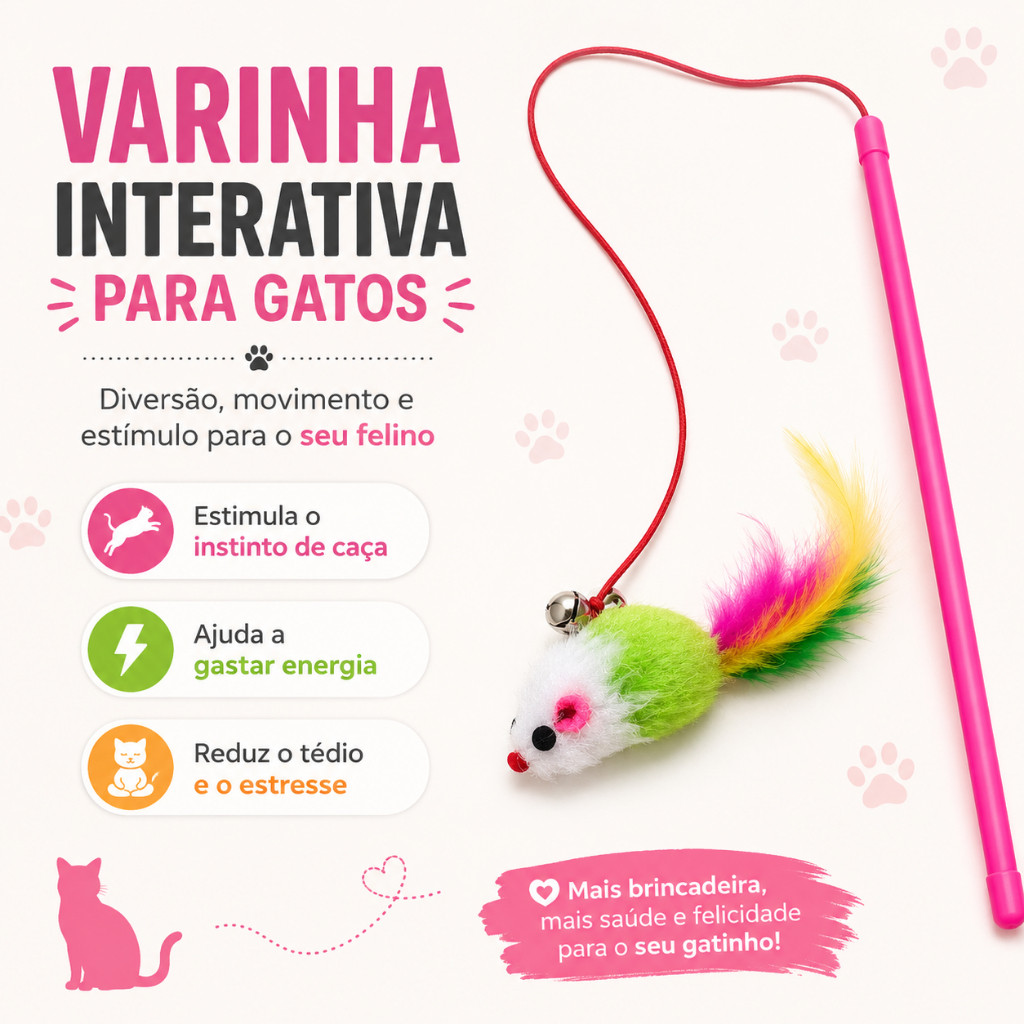 Brinquedo para Gatos Varinha com Ratinho Penas e Guizo 50cm