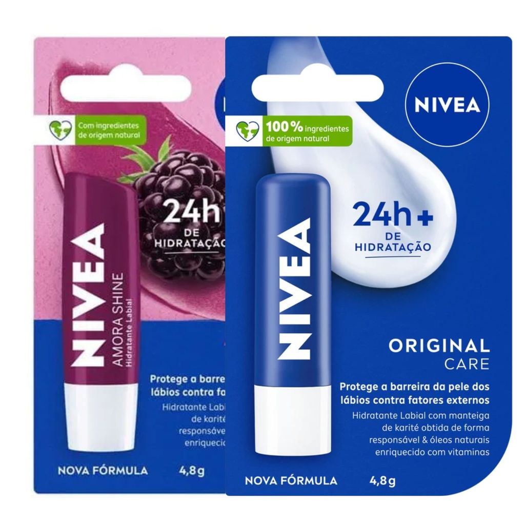 Kit Hidratantes Labiais Nivea Original Care+Amora Shine 4,8g