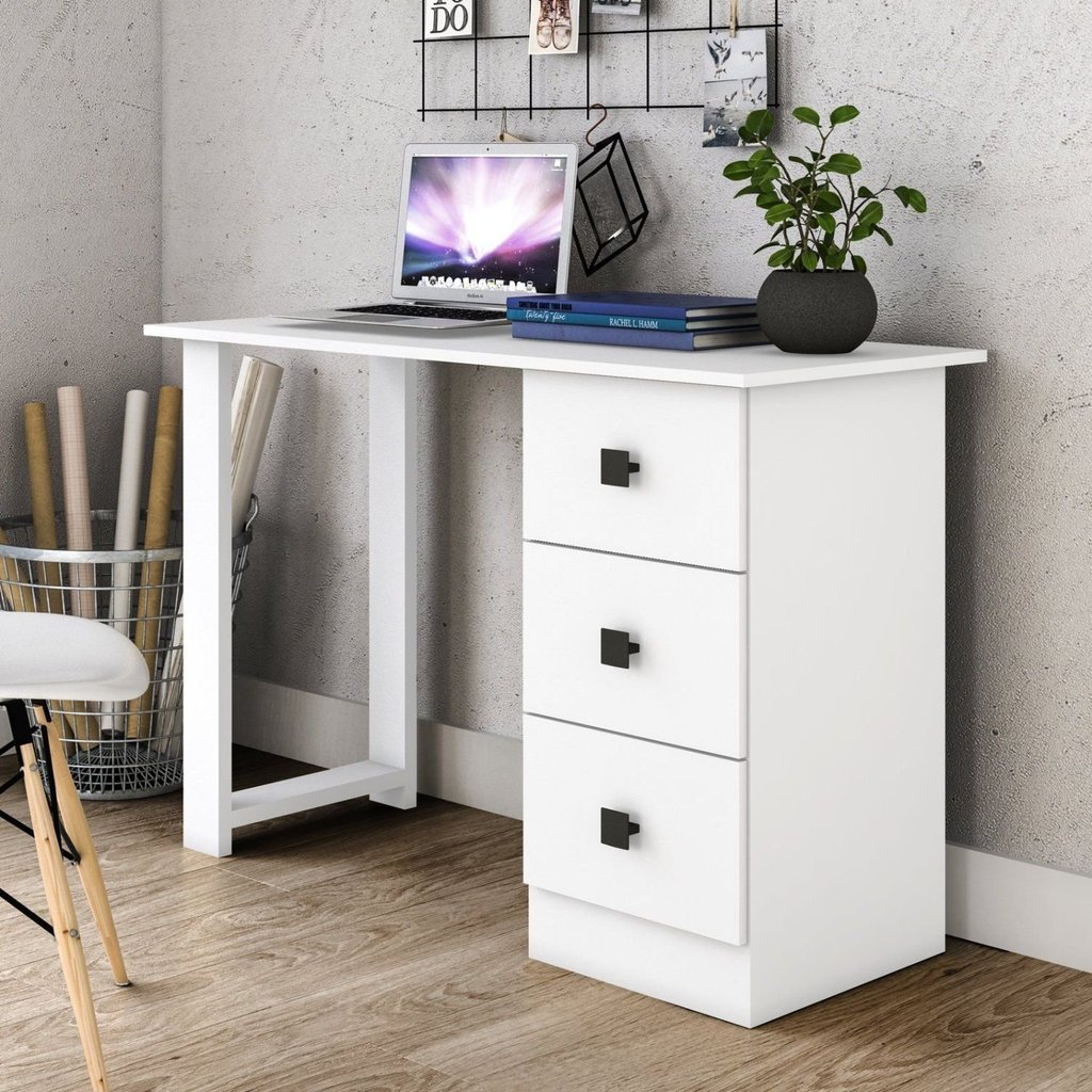 Escrivaninha Mesa Escritório Msm 436 3 Gavetas 110cm Branco Branco