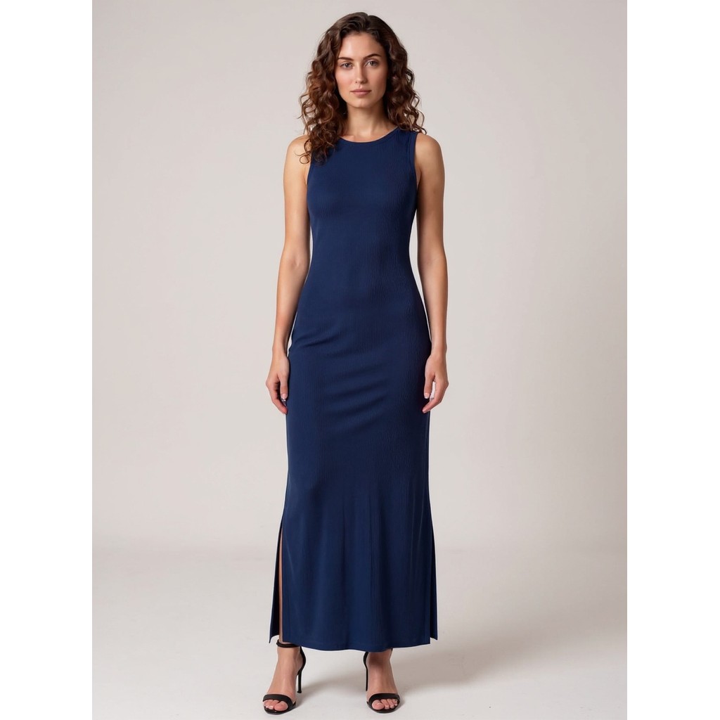 Vestido Longo Feminino Canelado Fenda Lateral Festa Azul Marinho — Promos_e_achadinhos_Nina