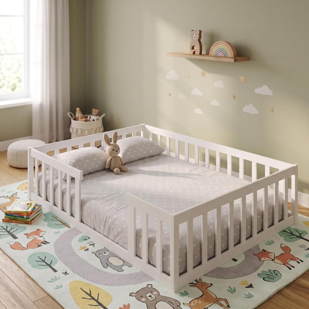 Cama Montessoriana Casal em Madeira Maciça Branco Repleta
