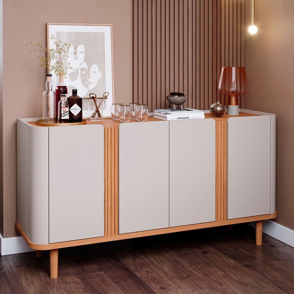 Buffet Aparador de Sala de Jantar 4 Portas com Pés de Madeira Maciça Eva Bege/Off White/Nature Off White/Nature