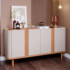 Buffet Aparador de Sala de Jantar 4 Portas com Pés de Madeira Maciça Eva Bege/Off White/Nature Off White/Nature