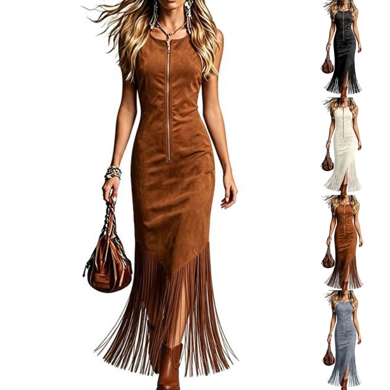 CM Vestido Feminino Zíper Frontal Mangas Franja Retrô Ocidental