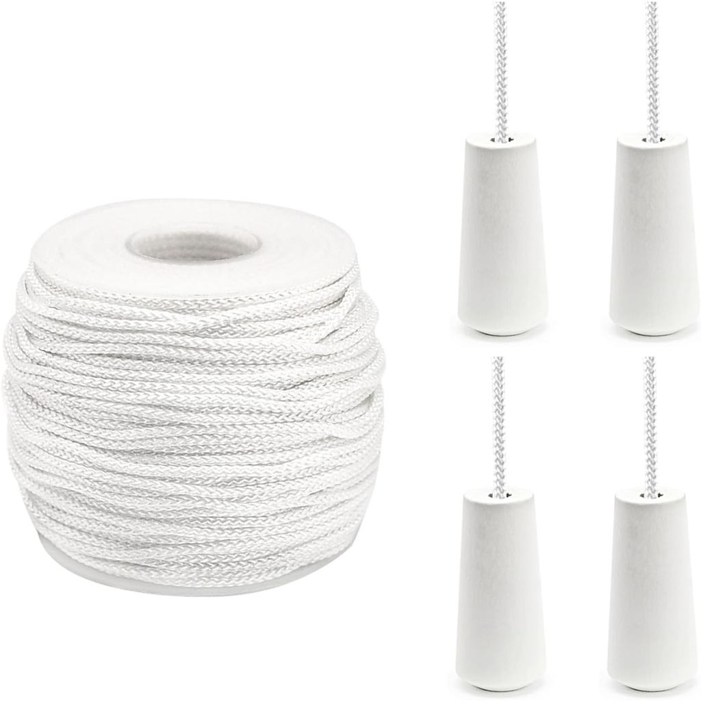 Corda de Elevação para Persiana Surf Turtle, 54 Jardas, 2mm, Branca, Trançada, e 4 Peças de Puxadores de Madeira para Co