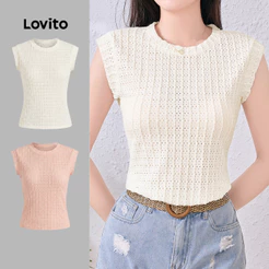 Lovito Casual Camiseta Colorida de Jacquard Ocio Primavera/verão damasco L137ED622