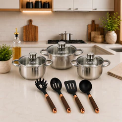 Jogo de Panelas Inox 3 Peças Tampa Vidro Indução Utensílios Silicone Cozinha Completo