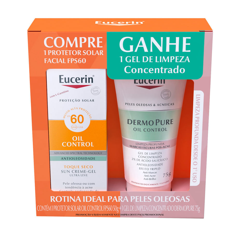 Kit Eucerin Protetor Solar Facial Oil Control FPS 60 50g e Ganhe Dermo Pure Oil Control Gel de Limpeza Concentrado 75g