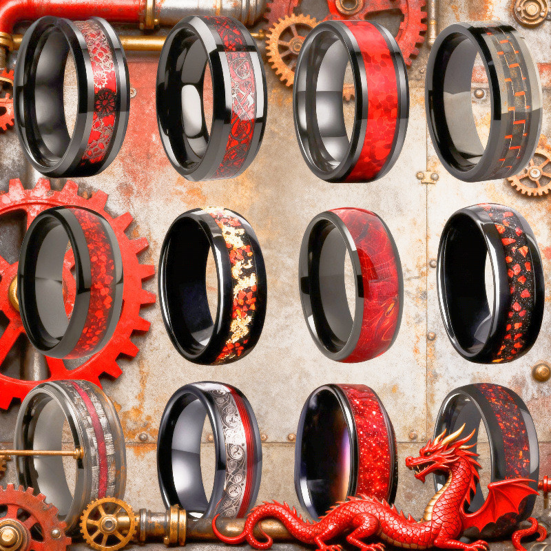 Anel de aço inoxidável vermelho mais vendido, estilo mecânico vintage com acessórios modernos.