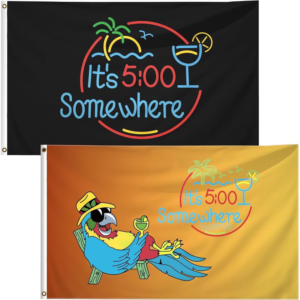 Pack of 2 It's 5 O'Clock Somewhere Flag 3x5 Ft Sign Outdoor Tropical Summer Holiday Novelty Party Parrot House Outside S