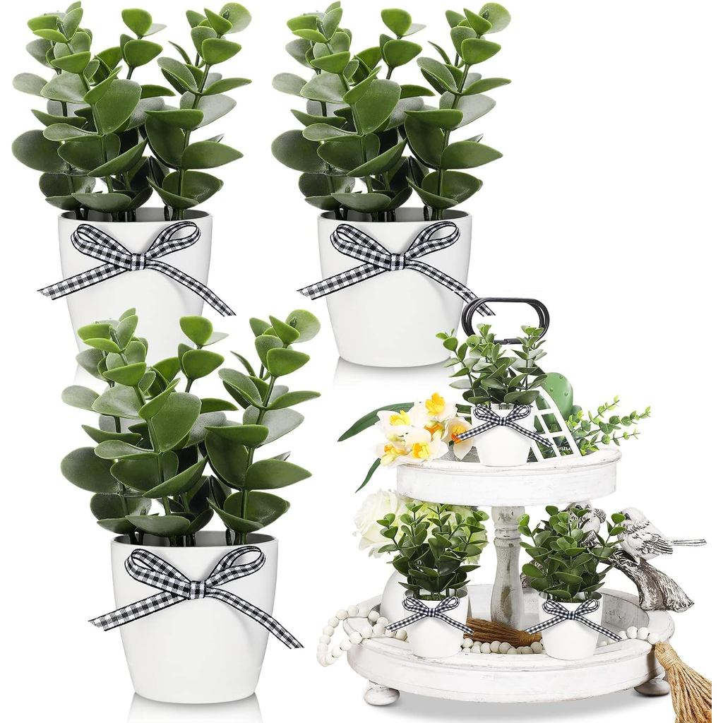 Decoração de Bandeja em Níveis Estilo Fazenda Jexine, Mini Plantas Artificiais de Eucalipto em Vaso, Itens de Decoração 