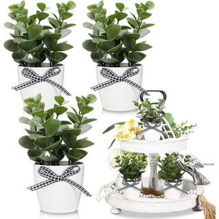Decoração de Bandeja em Níveis Estilo Fazenda Jexine, Mini Plantas Artificiais de Eucalipto em Vaso, Itens de Decoração 