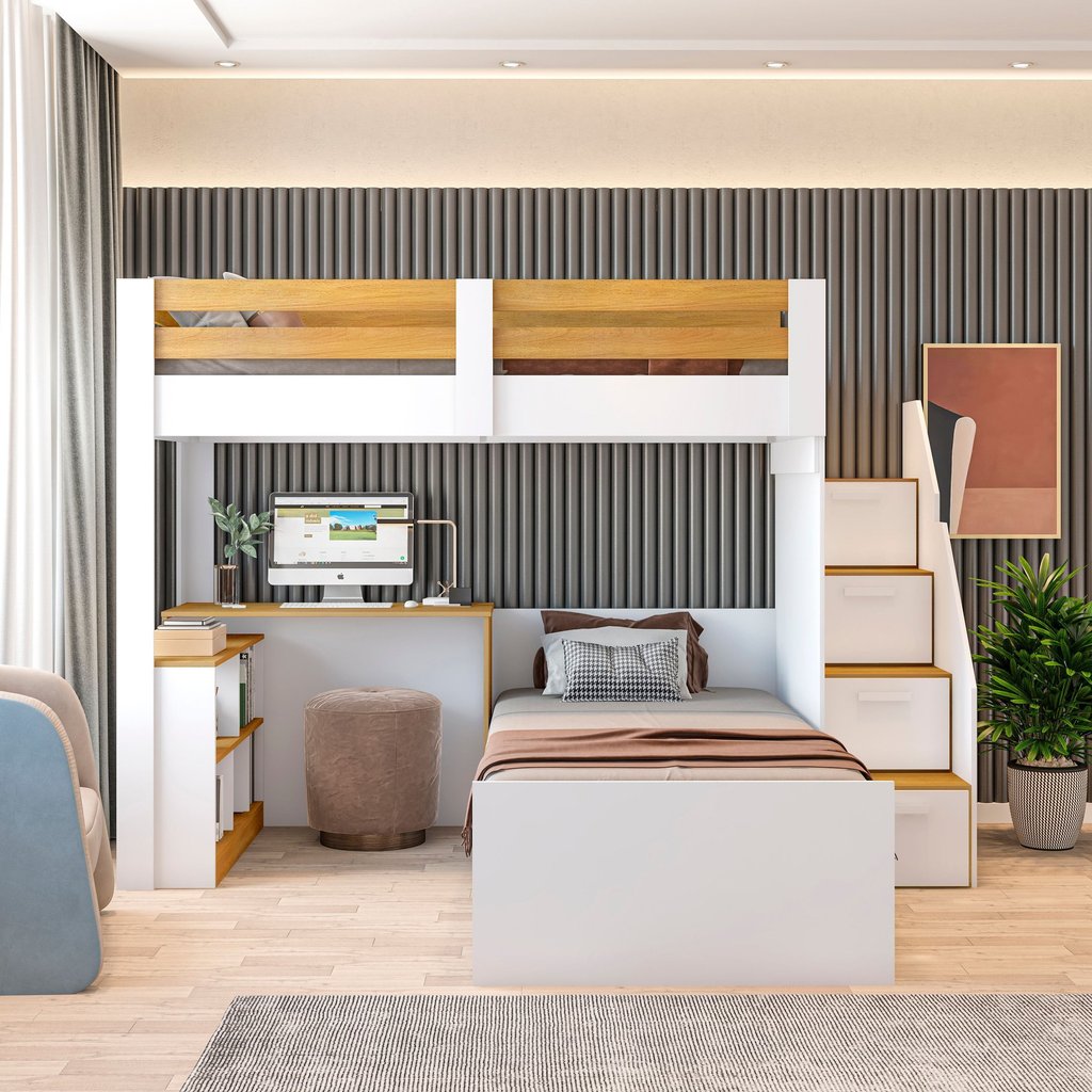 Beliche Multifuncional Solteiro Adulto com Escrivaninha Star Office Casatema MadeiraOriginals Branco