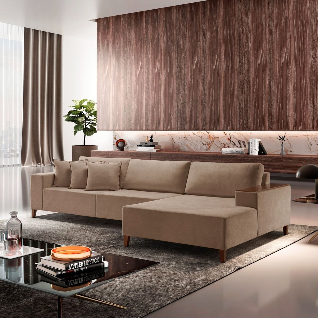Sofá com Chaise 4 Lugares Linho Bege Grécia 290cm Yescasa Bege