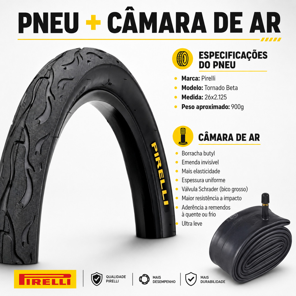 Pneu Pirelli Tornado Beta Aro 26 X 2.125 Tipo Flame Balão Slick Bicicleta + Camara de ar shiver