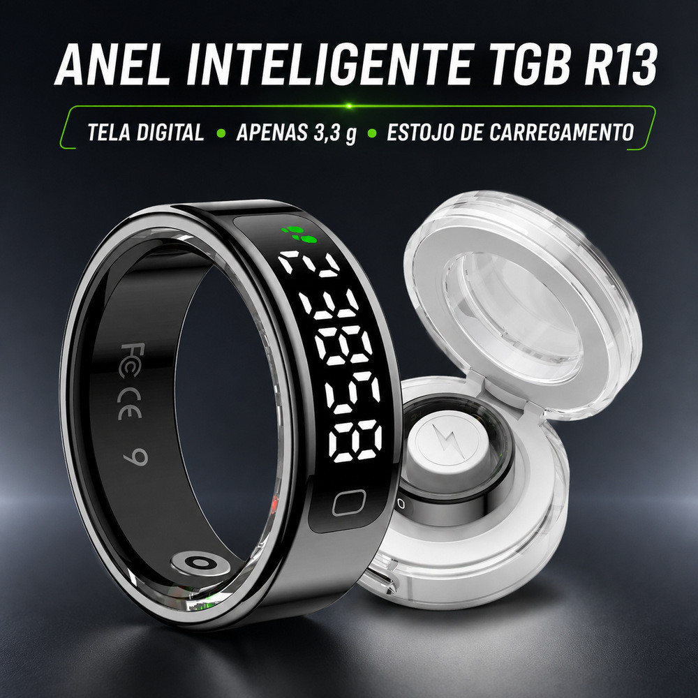 Anel Inteligente Smart Ring com Tela, Gestos, Monitor de Sono, Frequência Cardíaca, Oxigênio e Contador de Passos