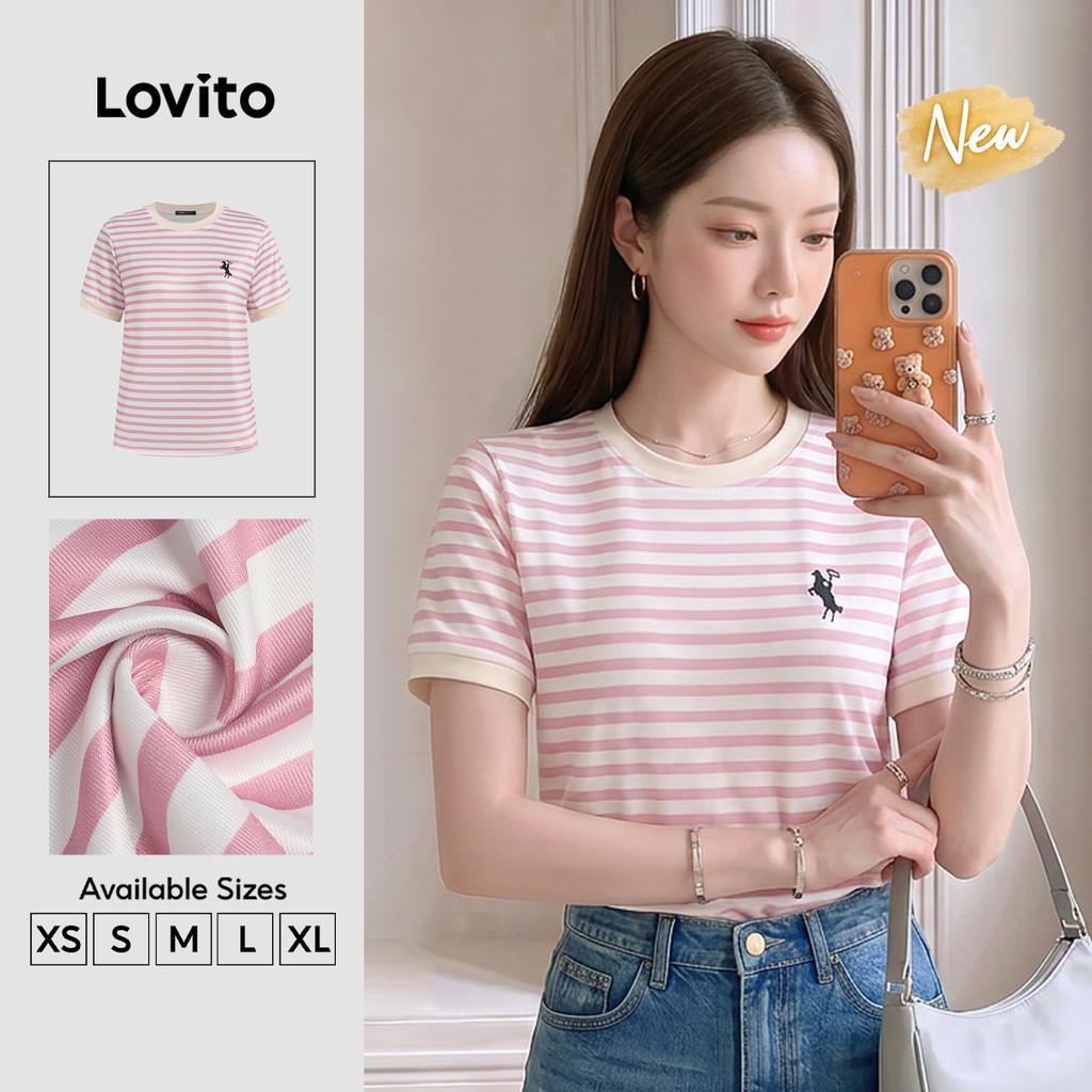 (New Arrival) Lovito Camiseta Casual com Acabamento em Contraste Bordado Primavera/verão Rosa para Mulheres TSB201P1D040