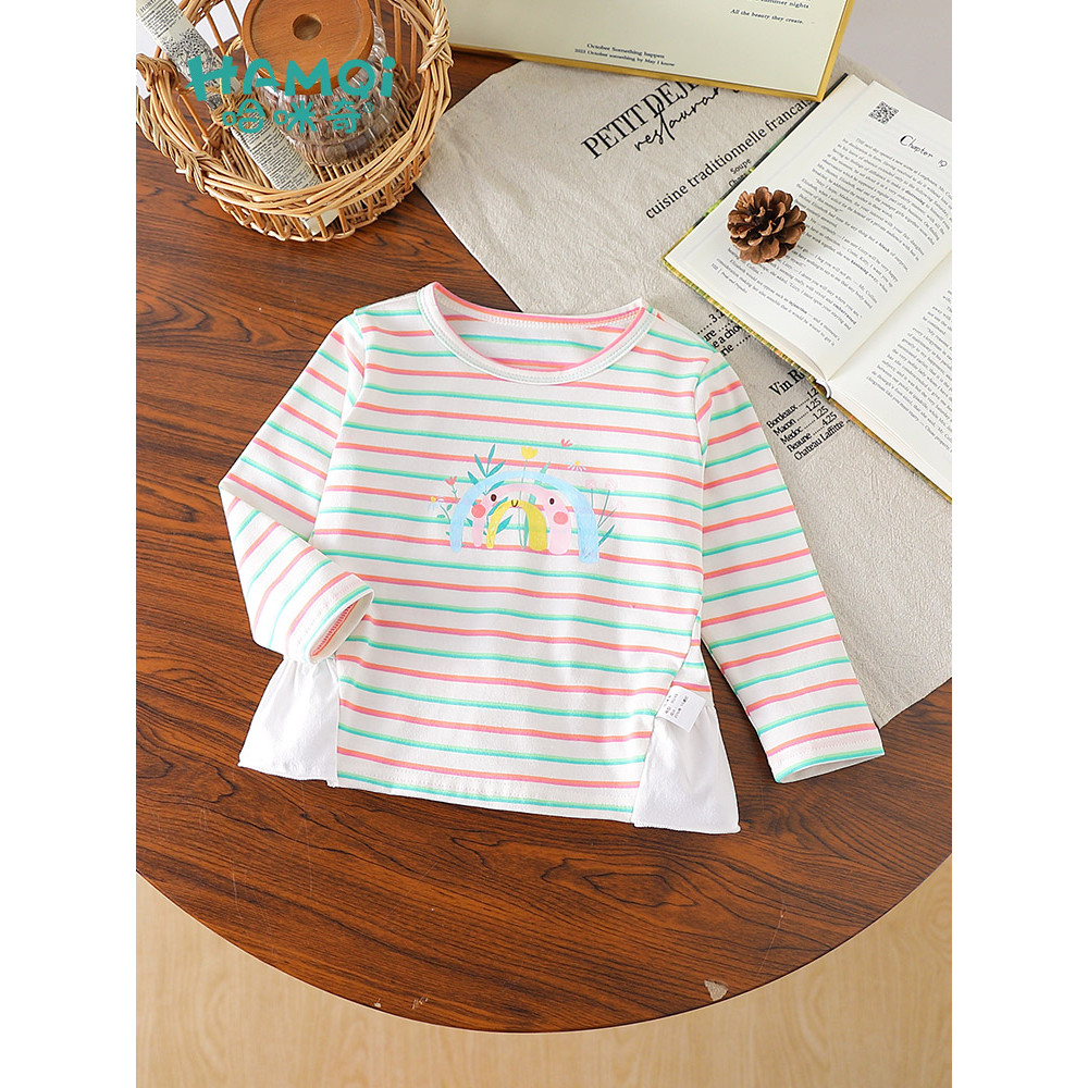 Meninas listrado manga comprida camiseta primavera pequenas crianças moda dos desenhos animados camisa de fundo do bebê 