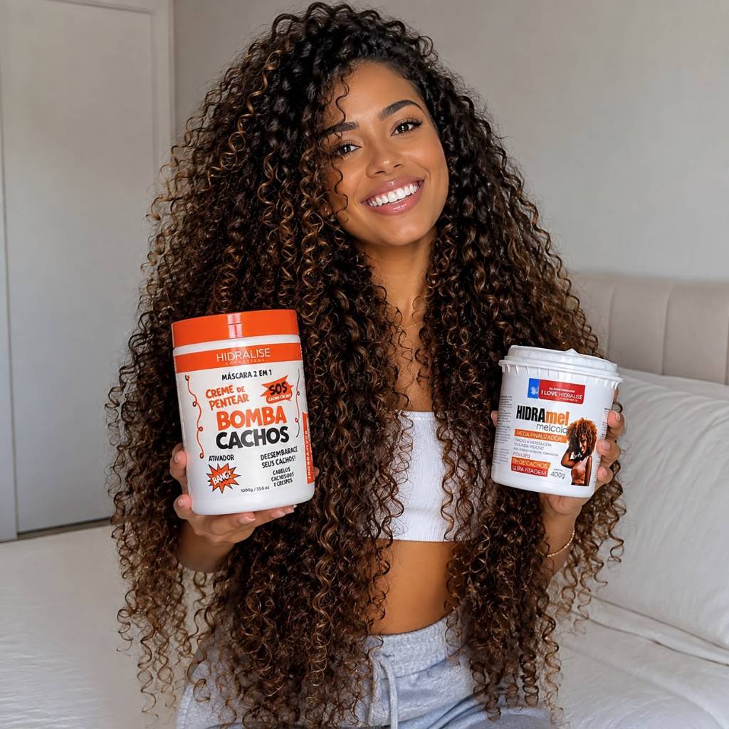 Kit Máscara Melcola Hidramel + Bomba Cachos 1kg Ativador de cachos Cabelo Definido Fitagem Definição