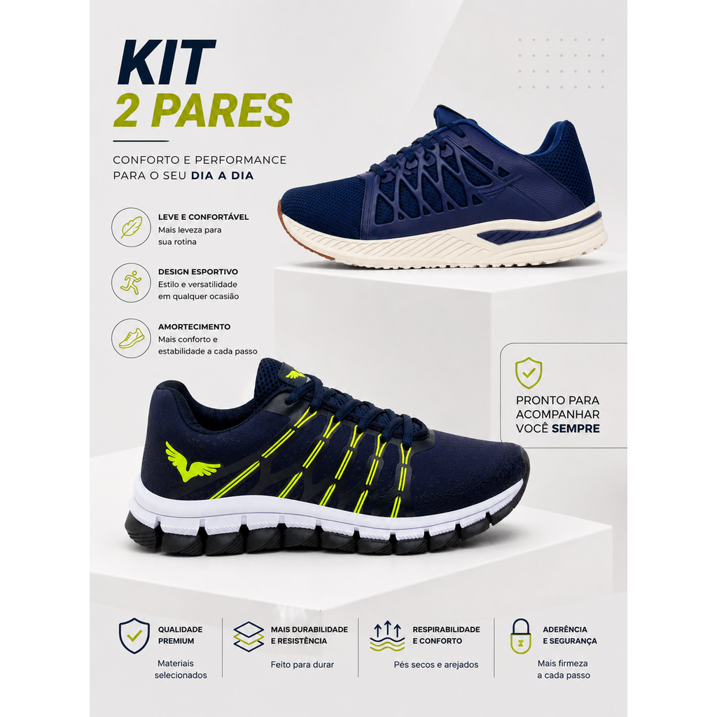 Kit 2 Tenis Masculino Ortopédico Esportivo Olimp Academia Air Corrida Respirável Macio Confortável Caminhada Leve