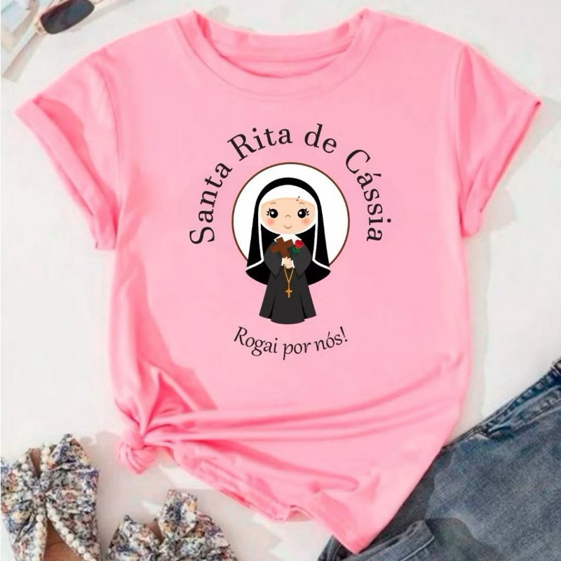 Camiseta Infantil Santa Rita de Cássia Unissex Católica Religiosa Cristã Estampada T-Shirt Menino Menina Blusa Infantil