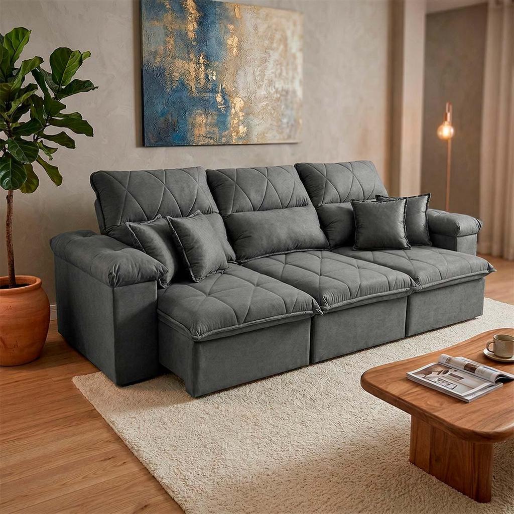 Sofá Retrátil/Reclinável Trento 2,30m Suede Velut Cinza c/ Molas no Assento - King House