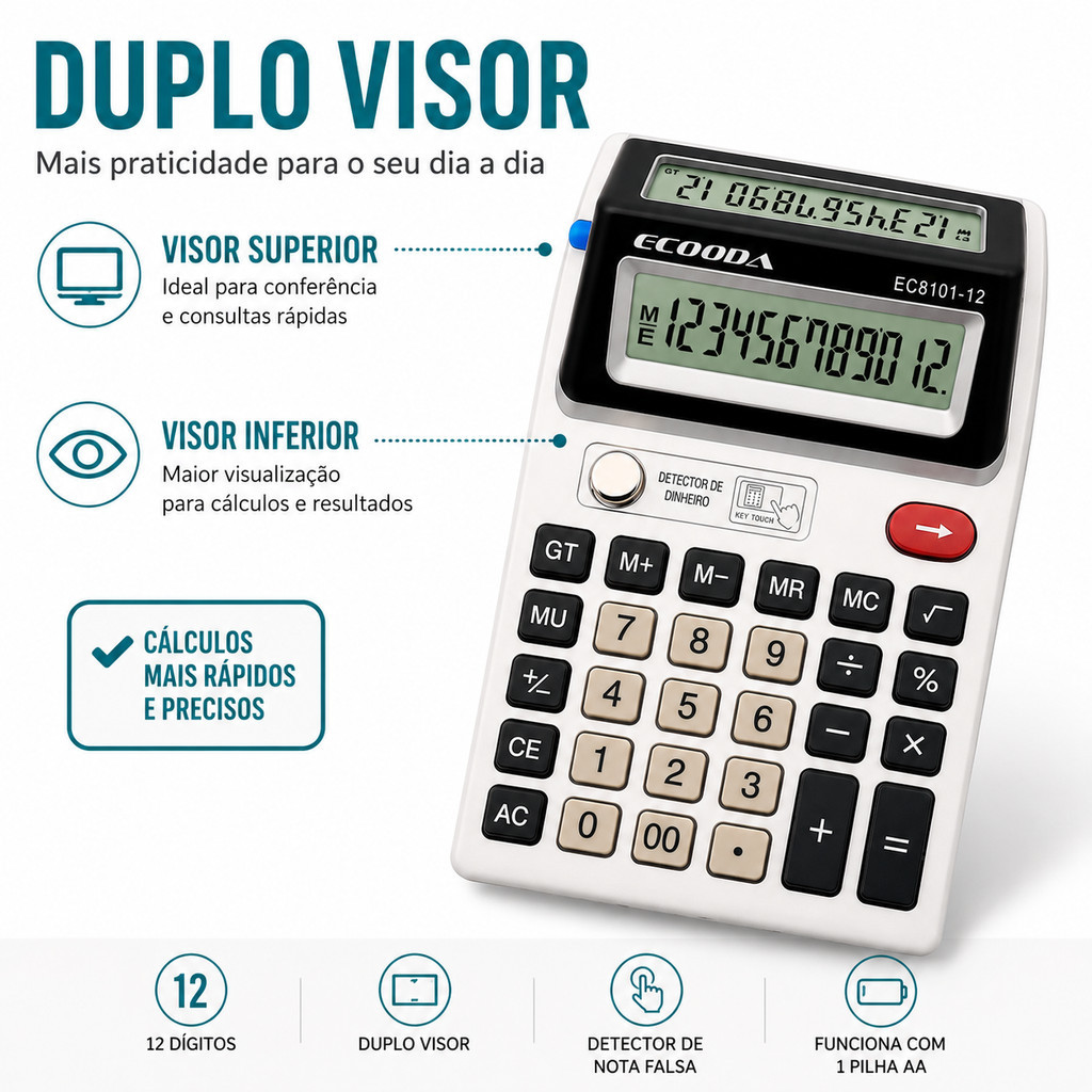 Calculadora Eletrônica 12 Dígitos com Duplo Visor Detector de Dinheiro Escritório Escola Comércio
