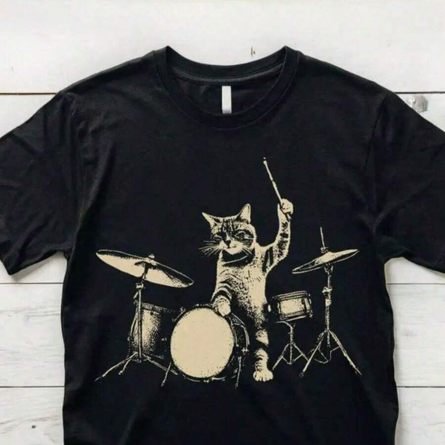 Camiseta Gato Baterista Rock Unissex Masculino Feminino 100% Algodão Top Premium Streetwear Lançamento Envio Imediato