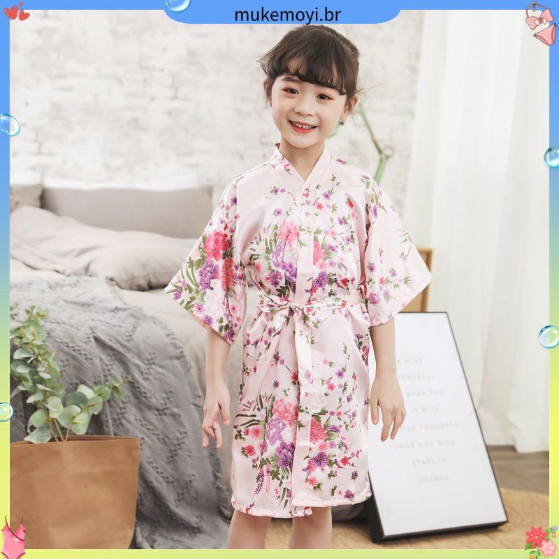 Meninas pijamas estilo fino crianças camisola verão gelo seda Cardigan pequeno roupão Floral