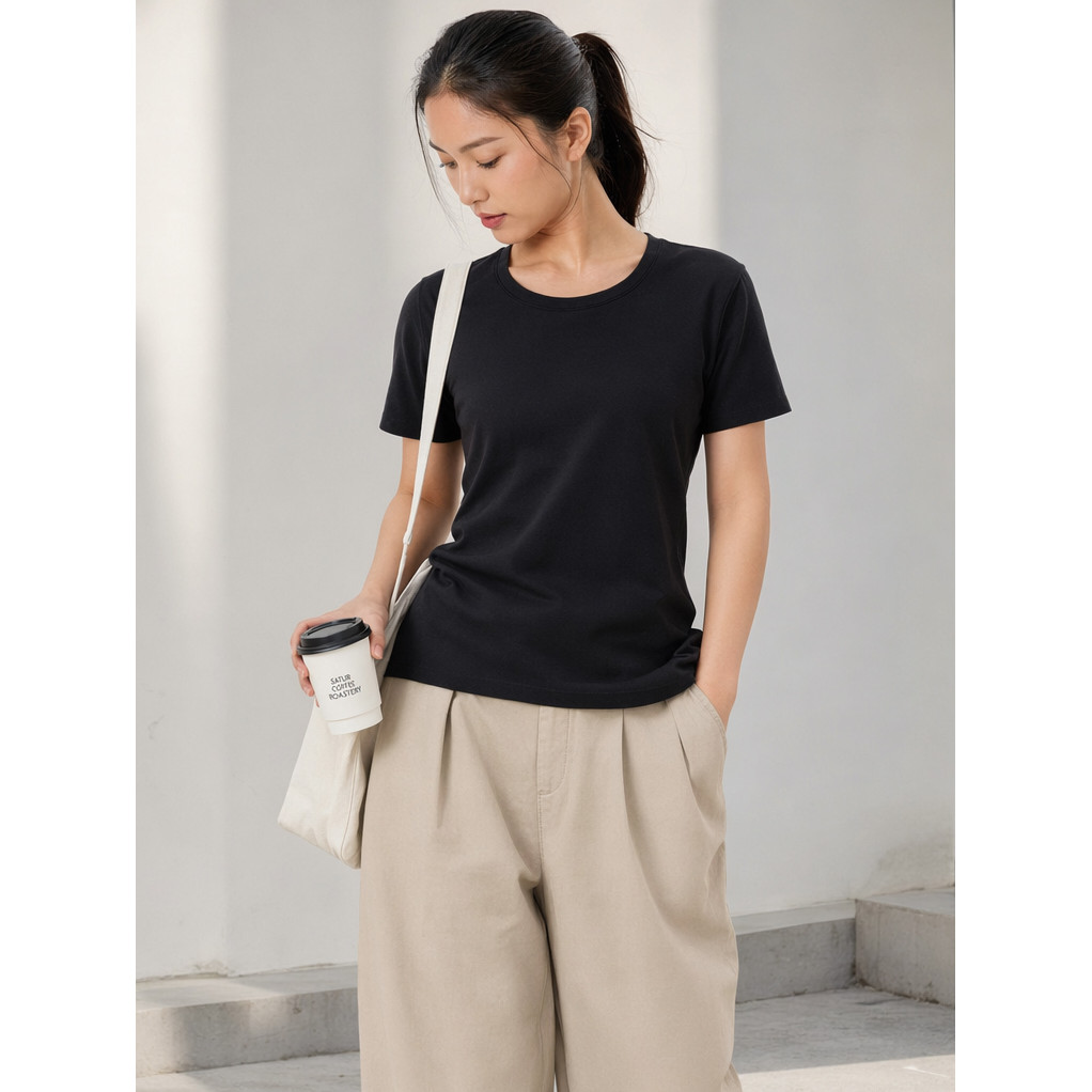 Verão feminino fino 150gsm17.5 lã Merino em torno do pescoço de manga curta camiseta esportes lazer cidade minimalista W