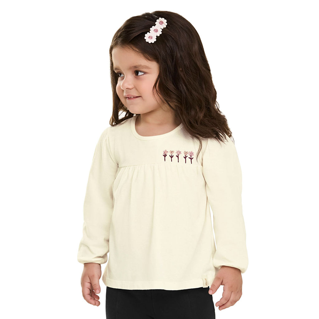 Blusa Longa Infantil Menina Bordada Floral Elian Bege