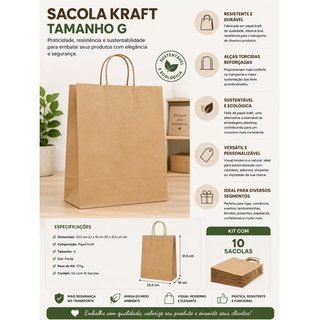 Kit 10 Sacolas Kraft Grandes Parda Resistentes Ecológicas Para Embalagem Embalagens Sustentáveis