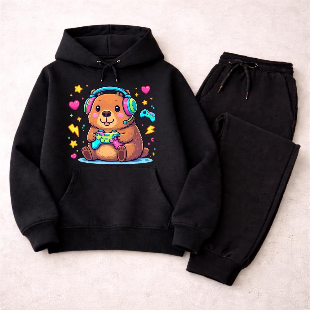 Conjunto Infantil Moletom Canguru Capivara Gamer com Calça Preta Unissex Quentinho Inverno Menino Menina