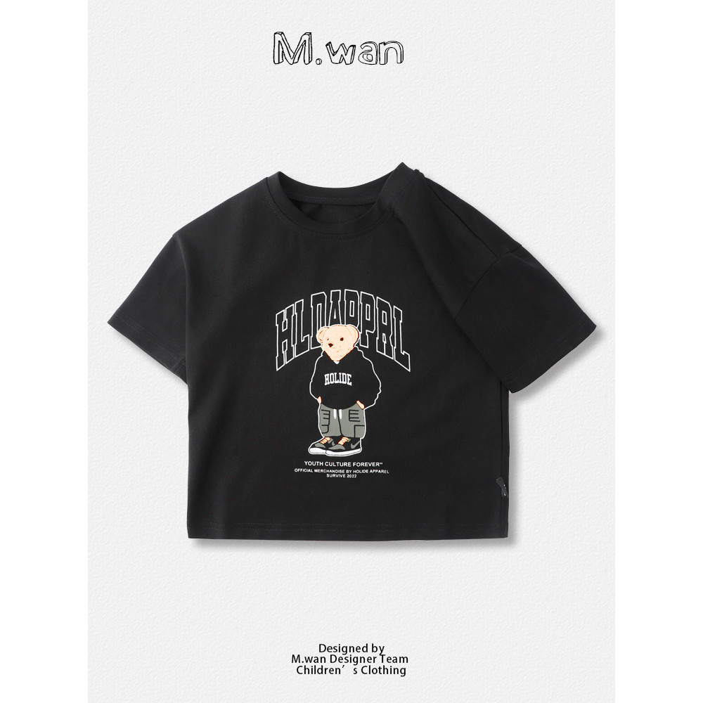 Meninos camiseta urso de manga curta topo 2024 verão novo estilo crianças puro algodão impresso em torno do pescoço verã