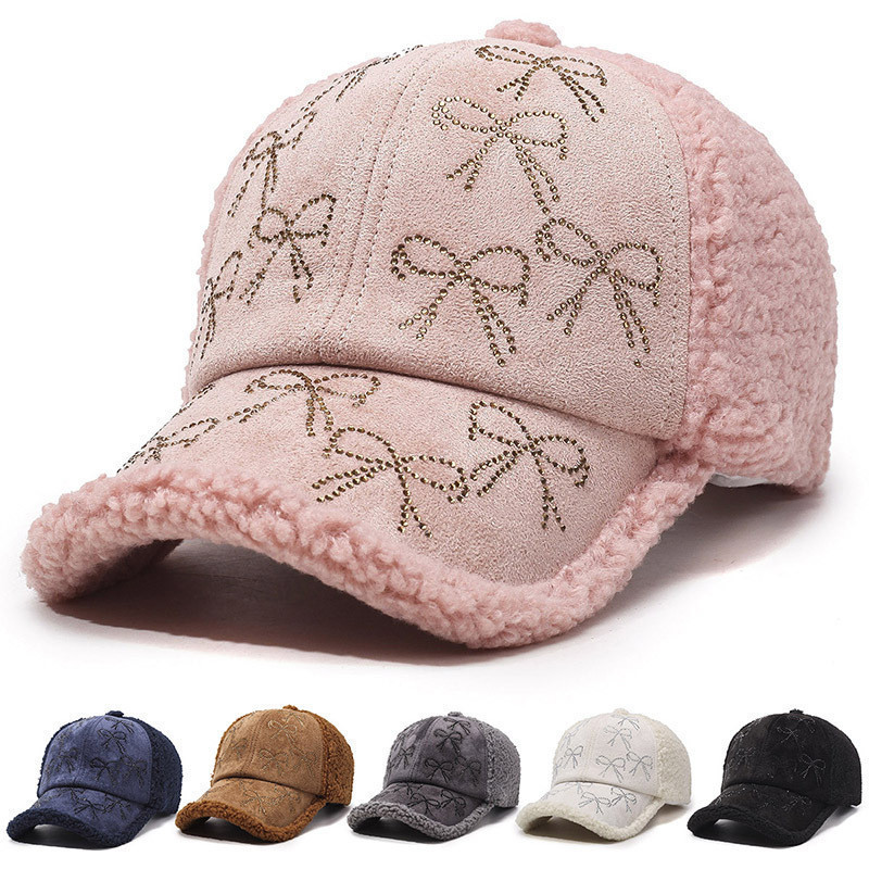 Boné de Beisebol Feminino Rosa Marrom Quente de Inverno com Strass, Chapéu de Lã de Cordeiro Espesso à Prova de Vento, B