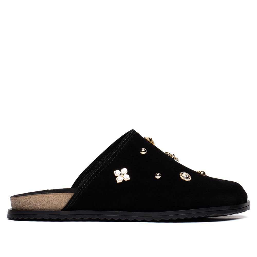 Mule Feminino Moleca Flatform Camurça Aplicações Preto