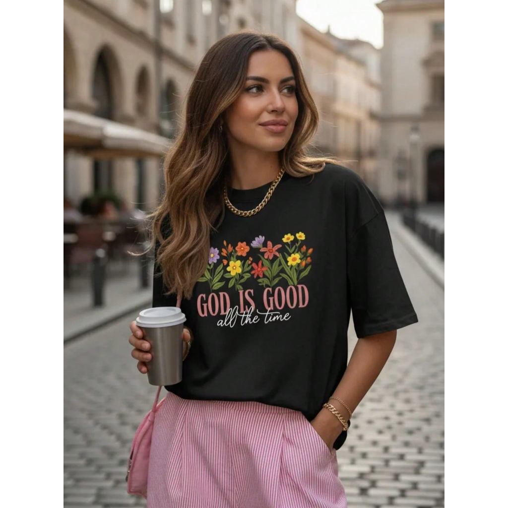 Camiseta Feminina Estilosa Moderna Casual 100% Algodão Confortável Suave Streetwear Modelo: God is Good all the time
