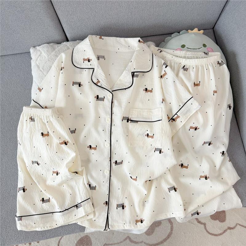 Bonito Dachshund pijamas feminino verão fino puro algodão conjunto de três peças estilo dos desenhos animados Shorts de 