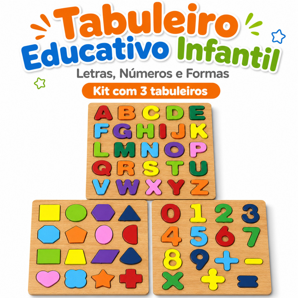 Kit 3 Tabuleiros Educativos Infantil Alfabeto Números Formas Matemática Montessori Madeira