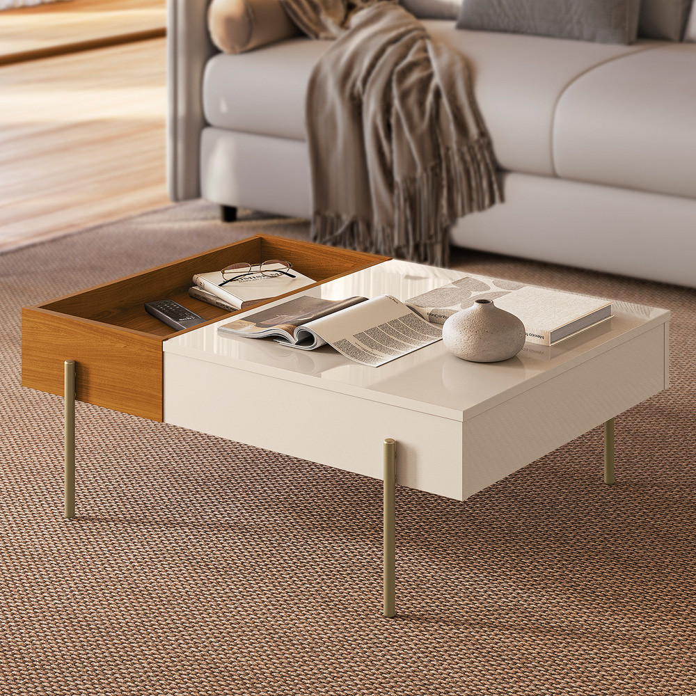 Mesa de Centro 84cm Compacta Para Sala Com Bandeja Integrada e Pés Metálicos Leme