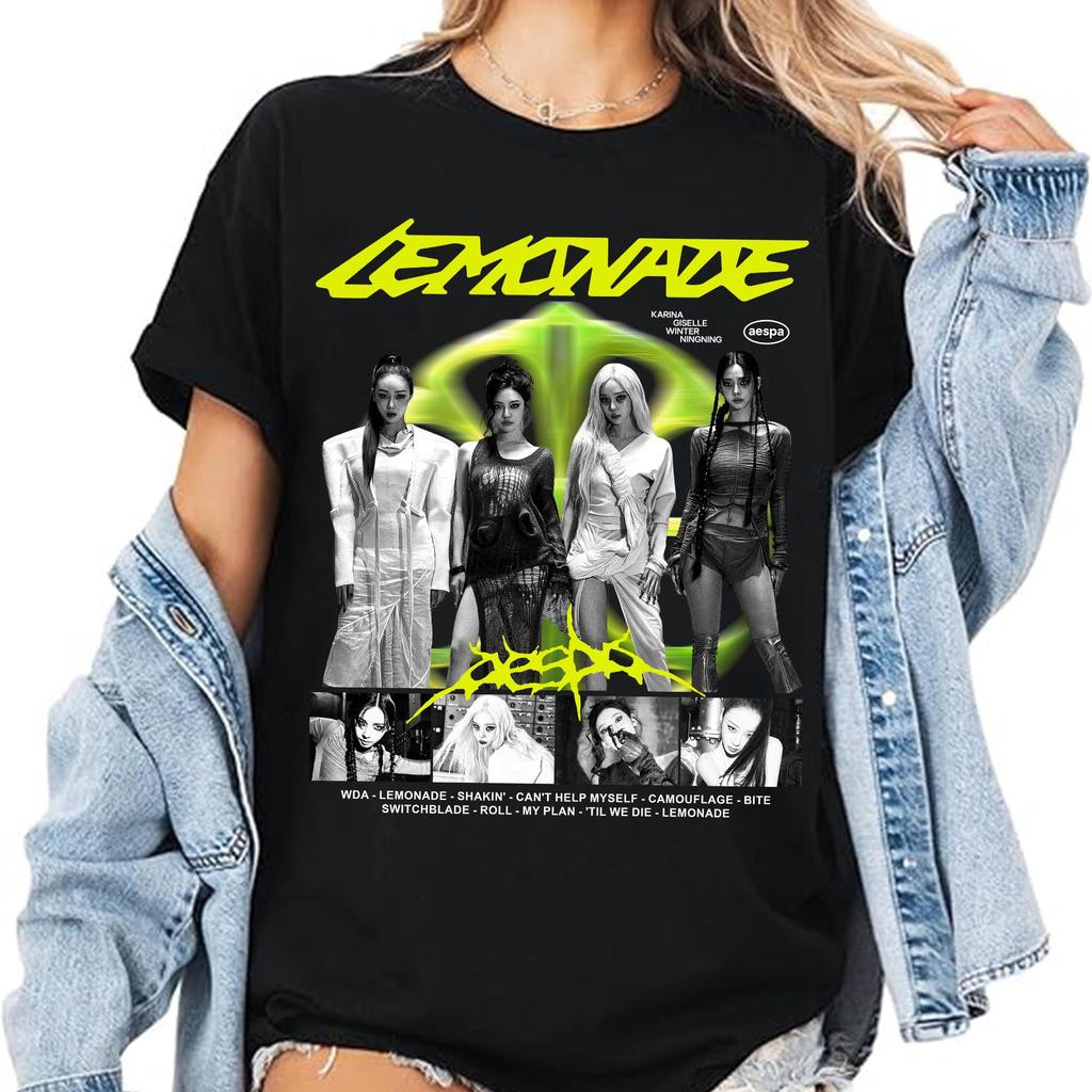 [Camiseta Premium em Algodão Puro]TT Camiseta Masculina Feminina Estampa aespa "Lemonade" Collage K-pop T-shirt Unissex