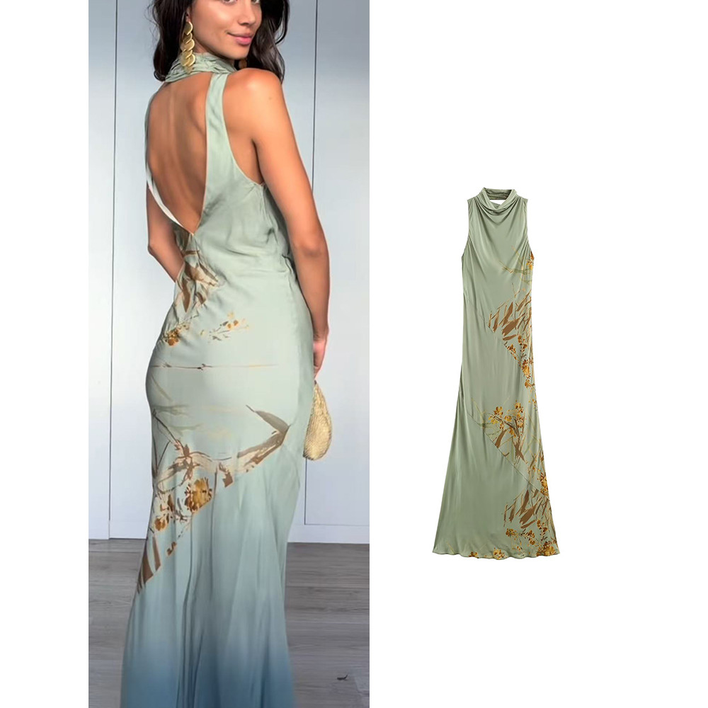 Vestido Maxi Drapeado Com Estampa Vintage , Gola Halter , Sem Mangas , Costas Abertas , Slim Fit , Feminino , Elegante ,