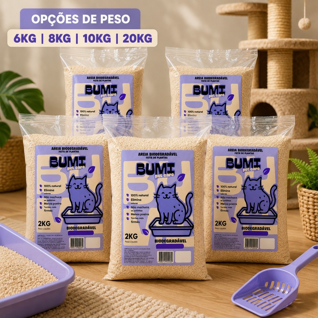 Areia Bumi Pet 6kg a 20kg Mandioca Natural Alta Absorção Anti Odor Gatos