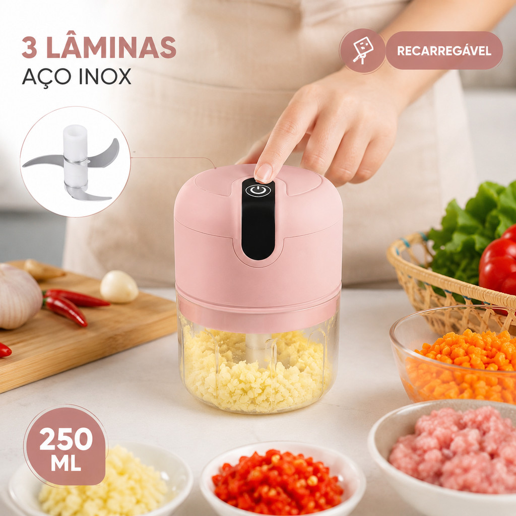 Mini Processador Elétrico 250ml 3 Lâminas Inox Triturador USB Recarregável