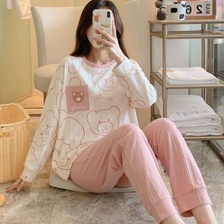 Pijamas de algodão puro feminino outono inverno terno de manga comprida estilo ano outono inverno estilo Homewear