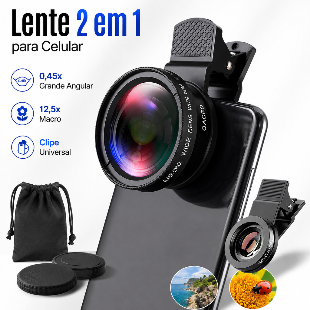 Kit Lente para Celular 2 em 1 Grande Angular 0,45x Macro 12,5x Clipe Universal para Smartphone