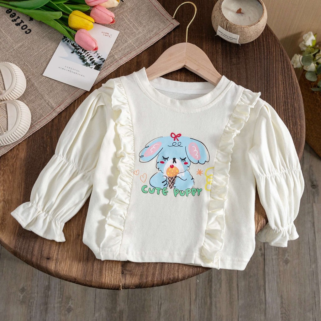 Meninas 2026 primavera manga comprida camiseta estilo ocidental crianças versão coreana dos desenhos animados impresso c