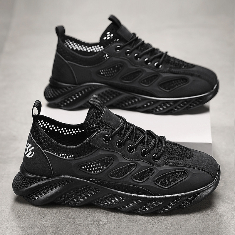 Sapatos masculinos verão respirável malha fina oco malha voando malha esportes lazer correndo desodorante preto rio-Up N